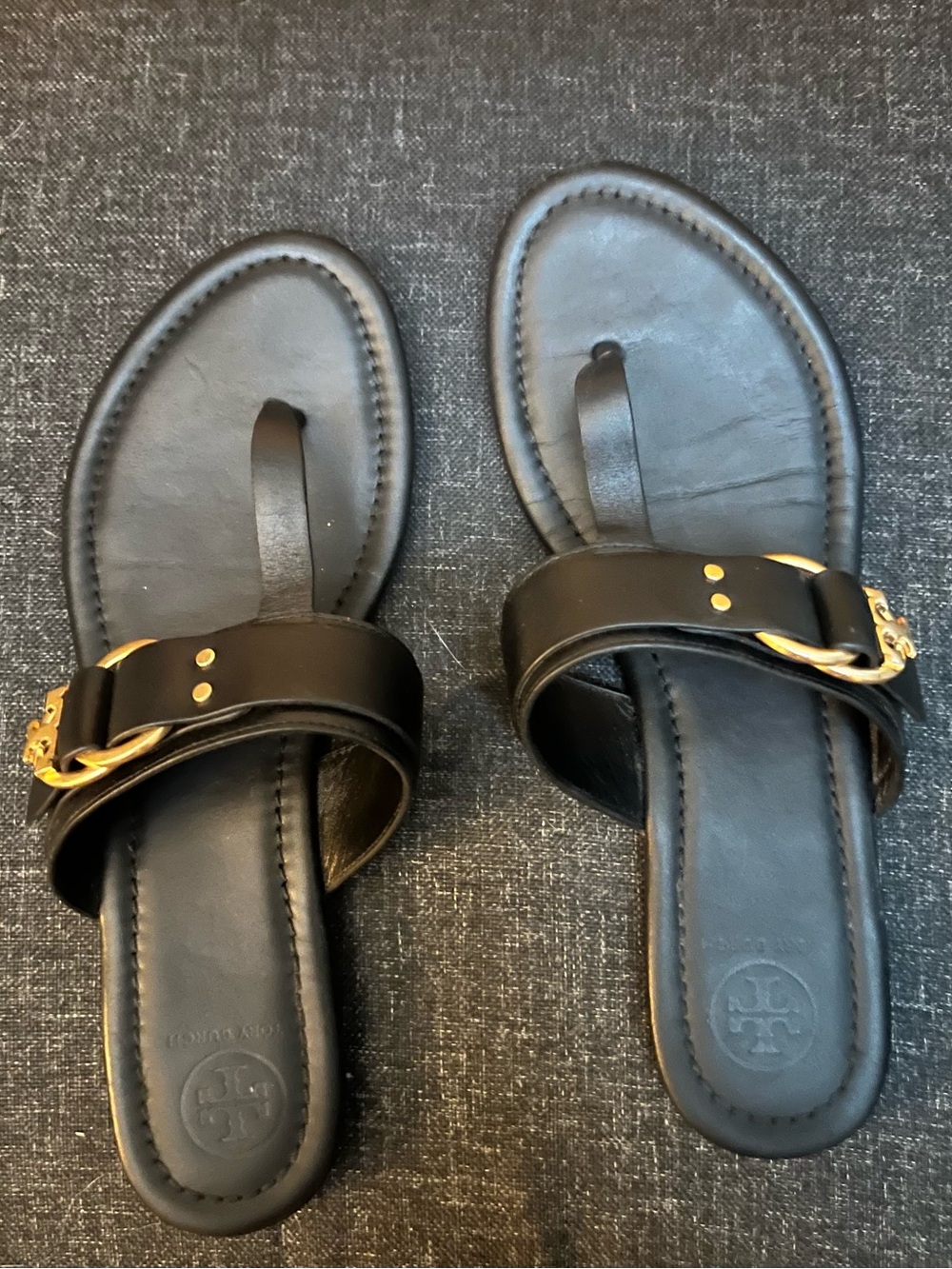 Tory Burch Black Leather Thong Sandals with Gold Buckle
